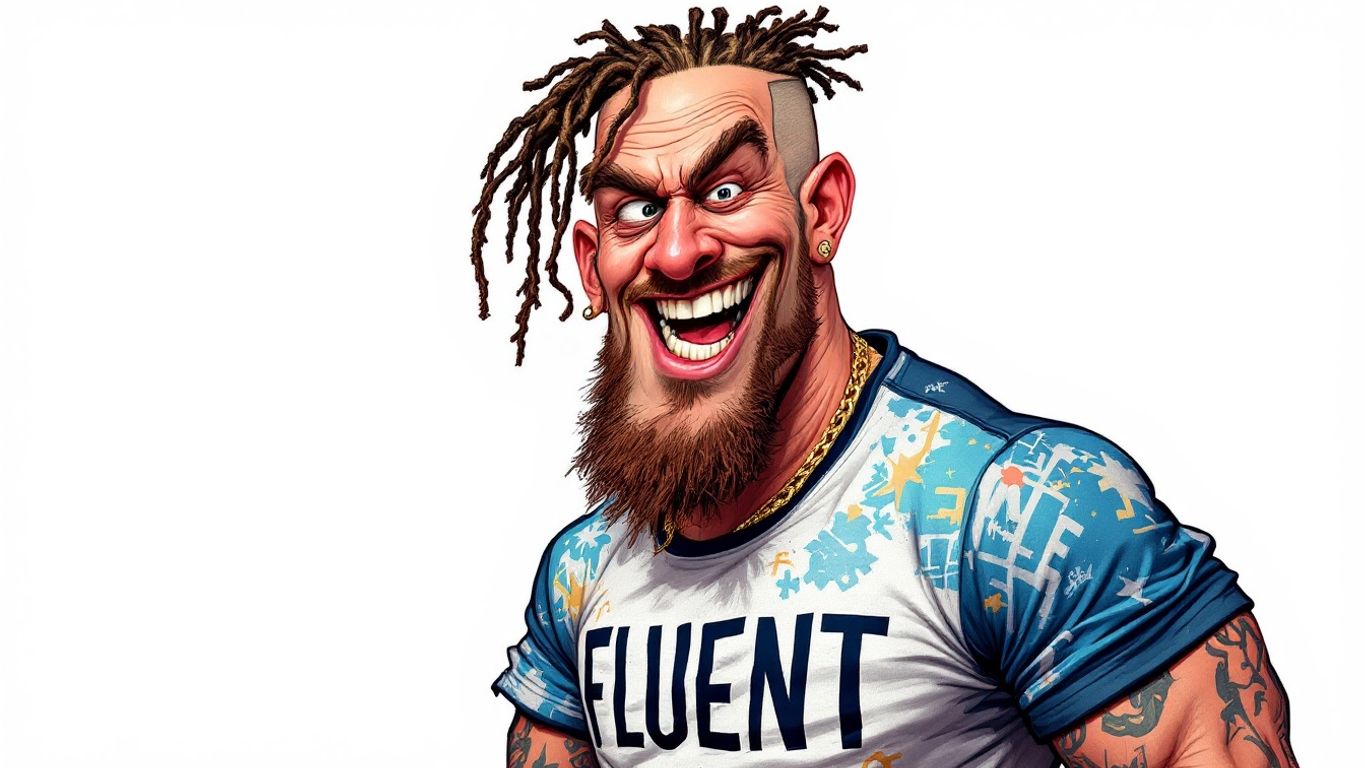Caricature of a rapper in gym wear with 'FLUENT' shirt.