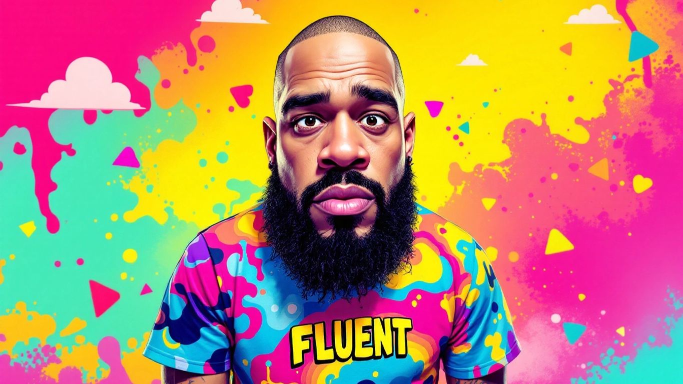 Caricature of a white rapper wearing a 'FLUENT' shirt.