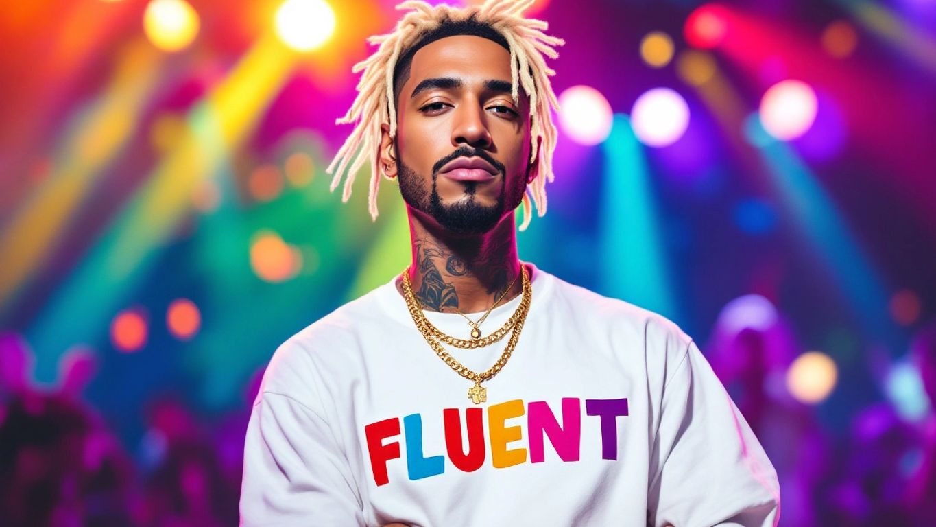 Caricature of a white rapper with 'FLUENT' shirt.