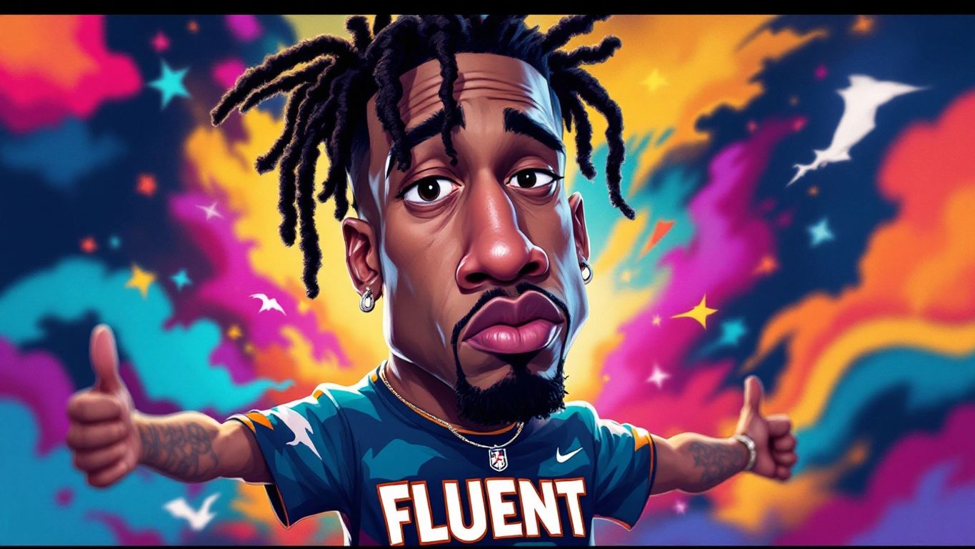 Caricature of a rapper in a 'FLUENT' shirt.