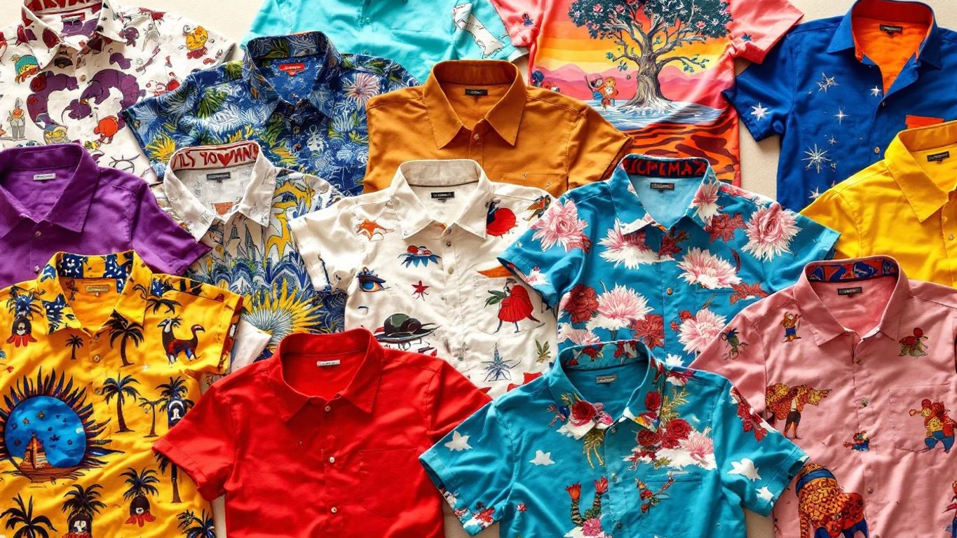 Colorful custom printed shirts in various unique designs.