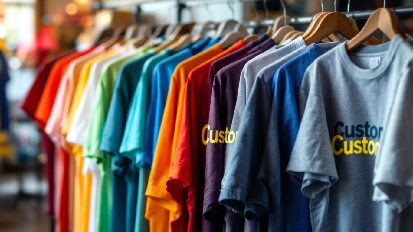 Colorful custom logo t-shirts on a stylish display rack.