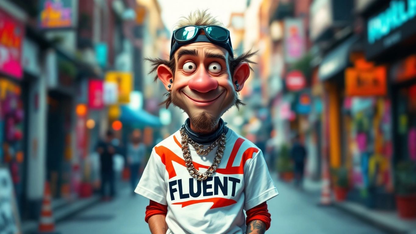 Caricature of a white rapper in a graphic tee.