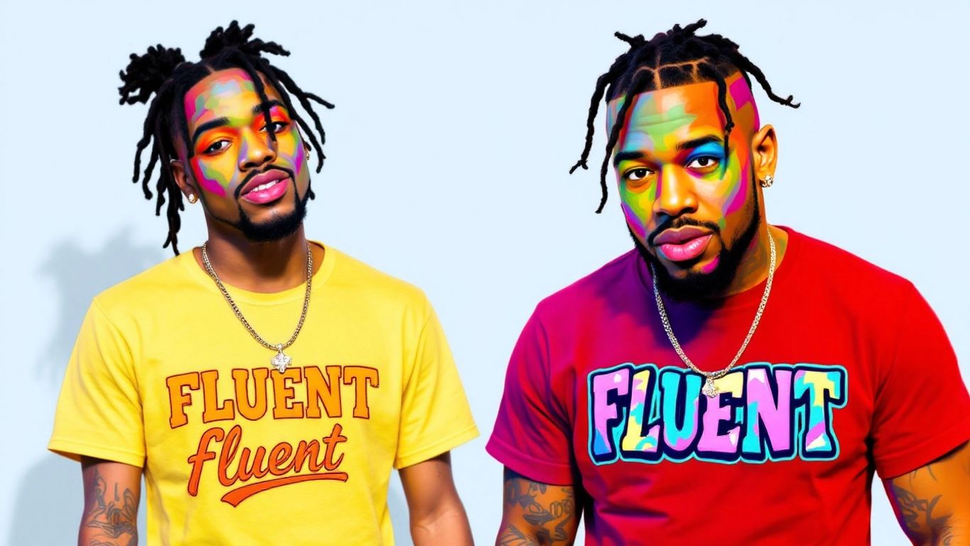 Caricature of a rapper in a 'FLUENT' T-shirt.