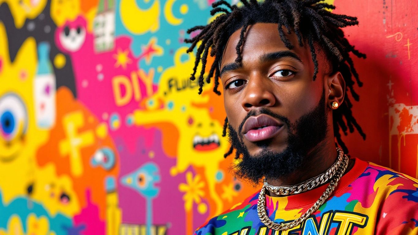 Caricature of rapper in 'FLUENT' shirt.