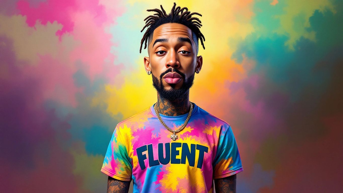 Caricature of a white rapper in colorful t-shirt.