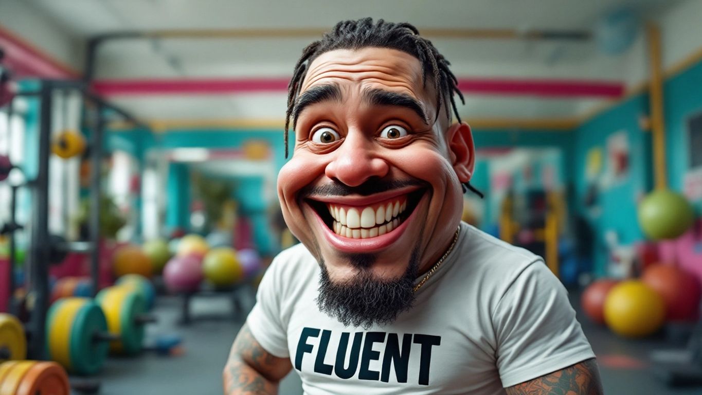 Caricature of a rapper in a gym with humorous t-shirt.
