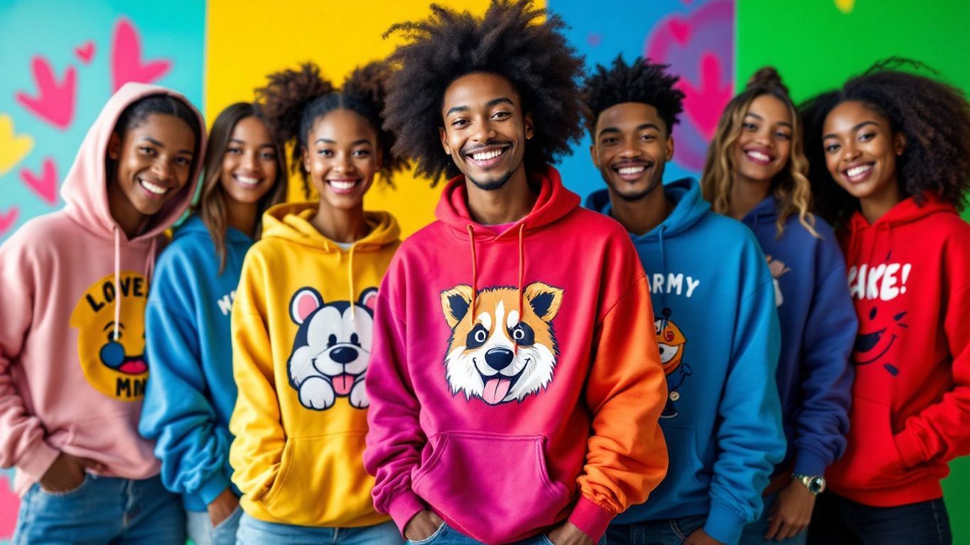 Diverse models wearing colorful funny graphic hoodies.