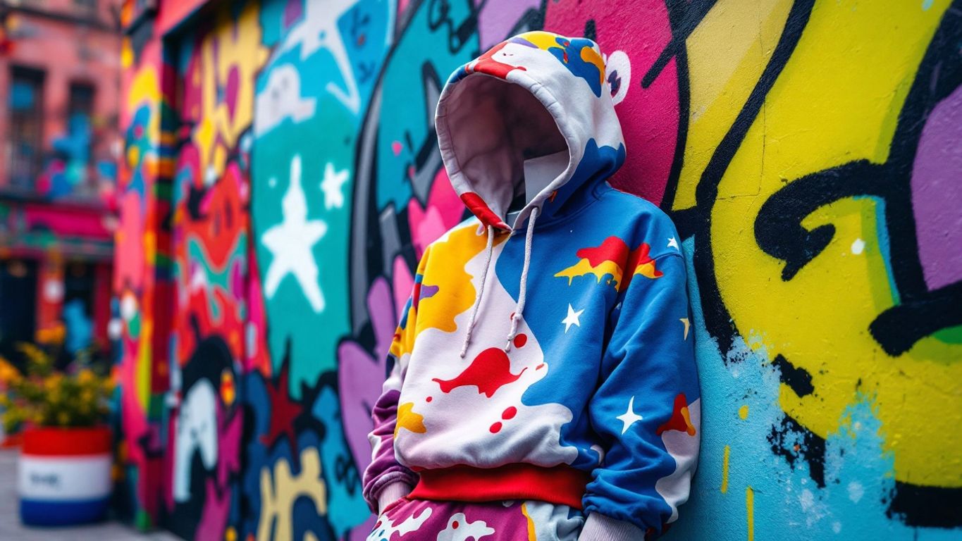Trendy streetwear hoodie against an urban backdrop.