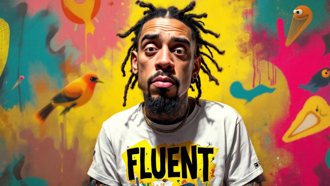 Caricature of a white rapper wearing 'FLUENT' shirt.