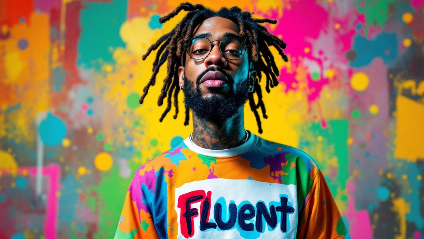 Caricature of rapper in a t-shirt with 'FLUENT'.