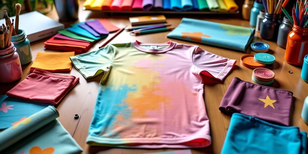 Colorful T-shirt design workspace with fabric and supplies.