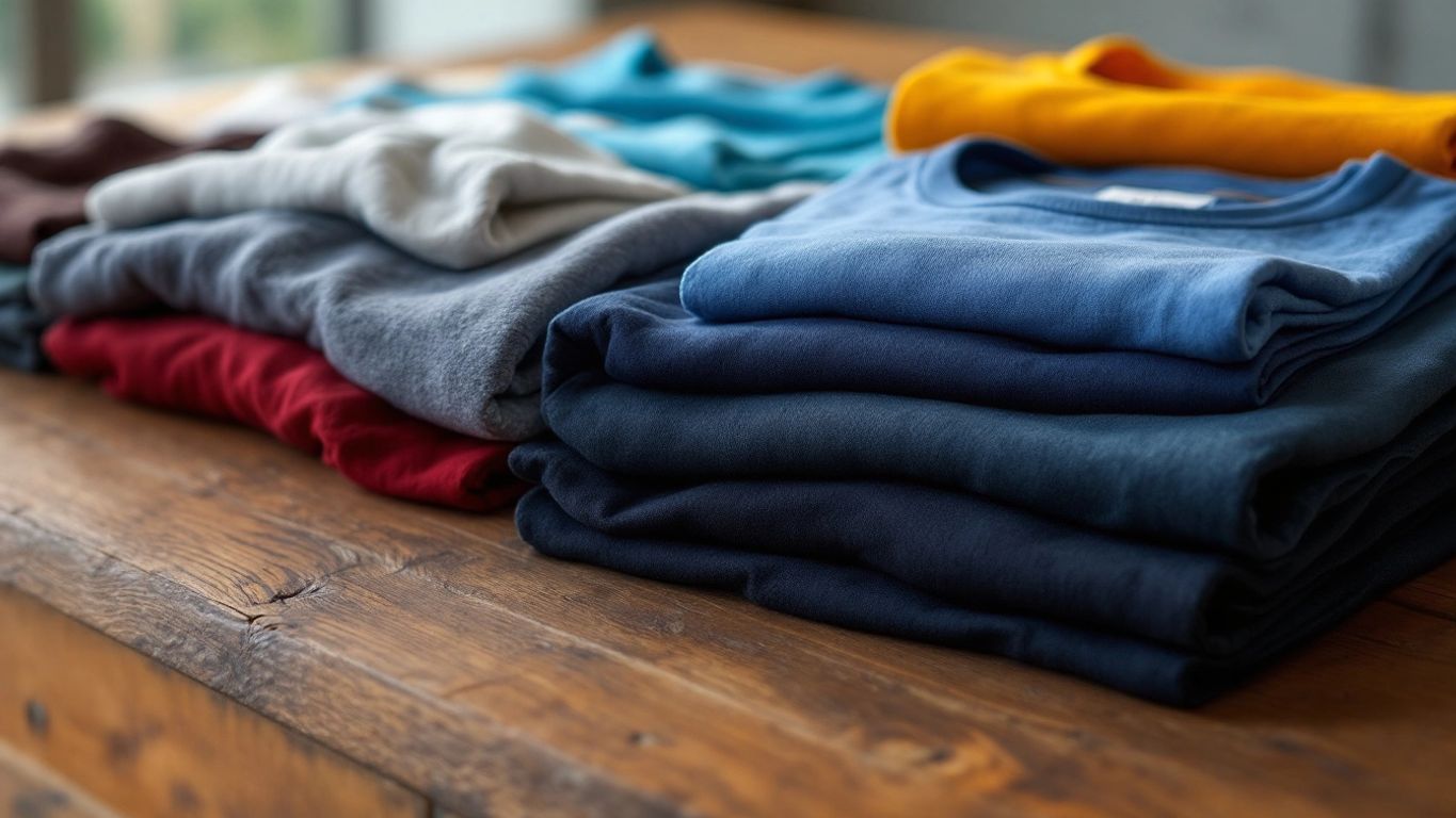 Colorful men's t-shirts neatly arranged on a table.