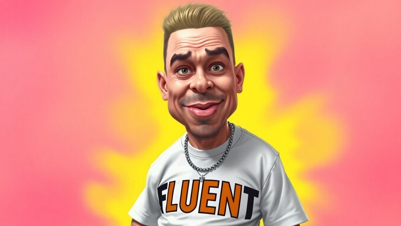 Caricature of a white rapper in a 'FLUENT' shirt.