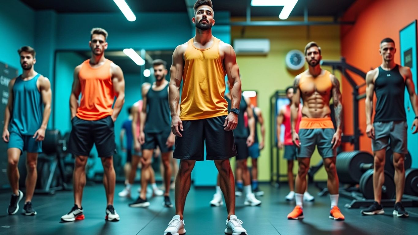 Men in stylish gym wear exercising together.