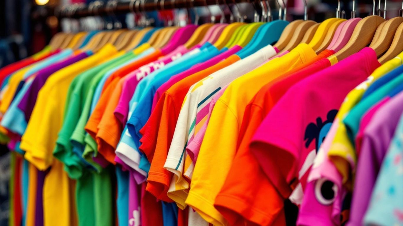 Colorful t-shirts with funny designs on hangers.