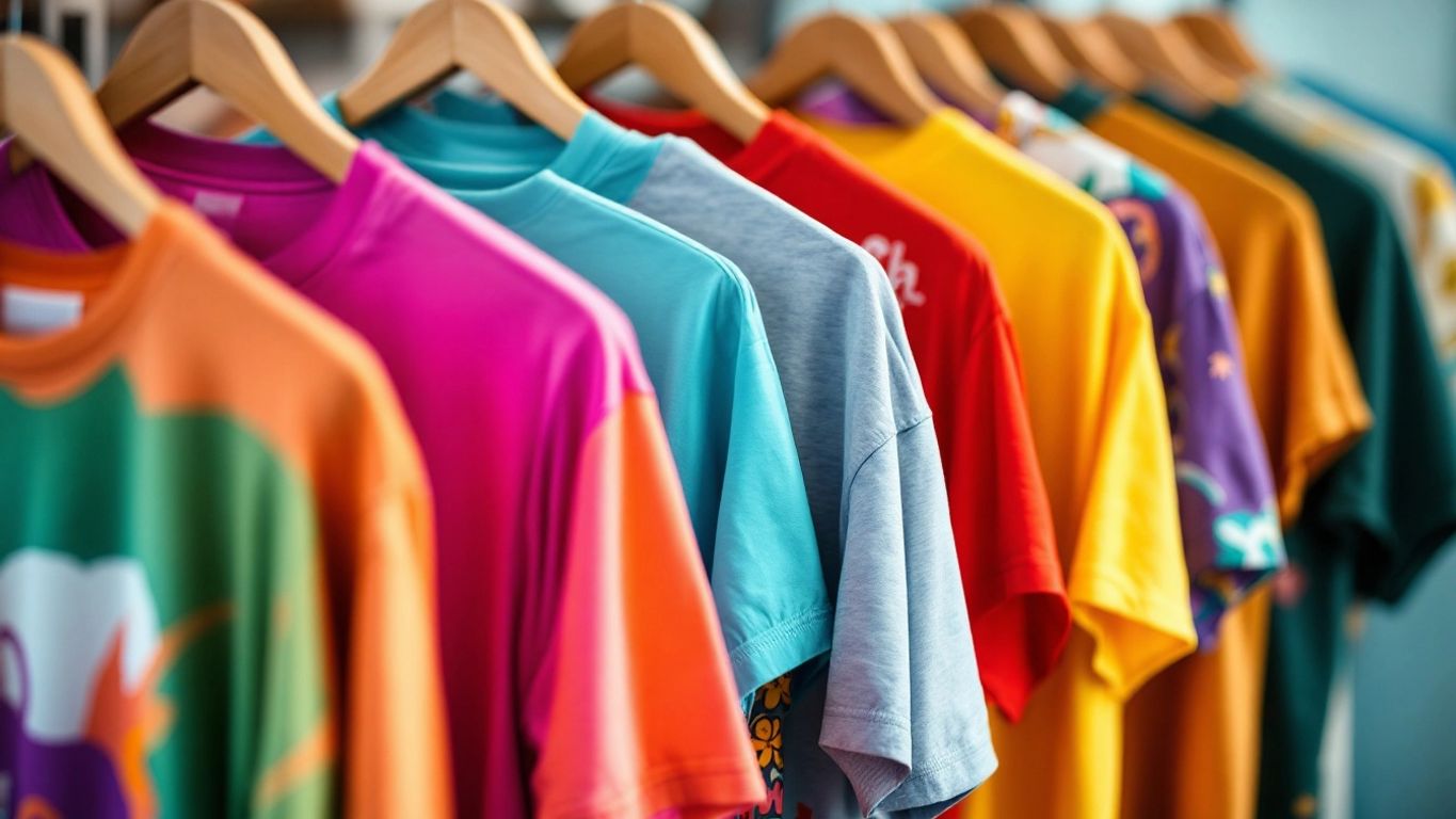 Colorful graphic tees on hangers in a stylish display.