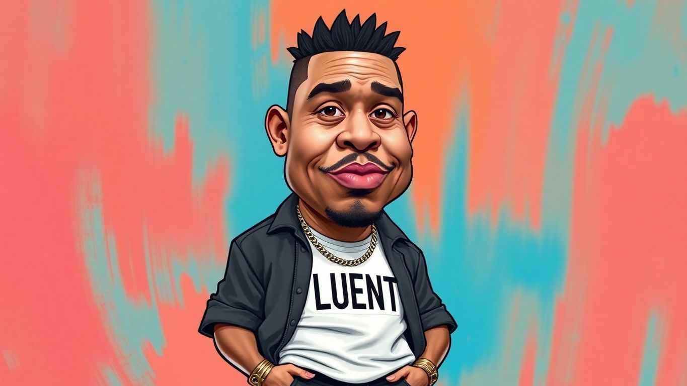 Caricature of a rapper in trendy pants with FLUENT shirt.