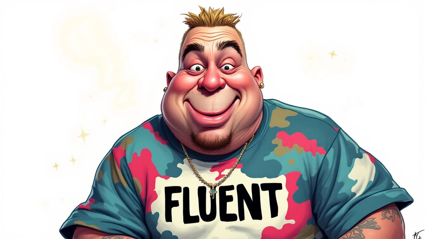 Caricature of a famous white rapper wearing 'FLUENT' shirt.