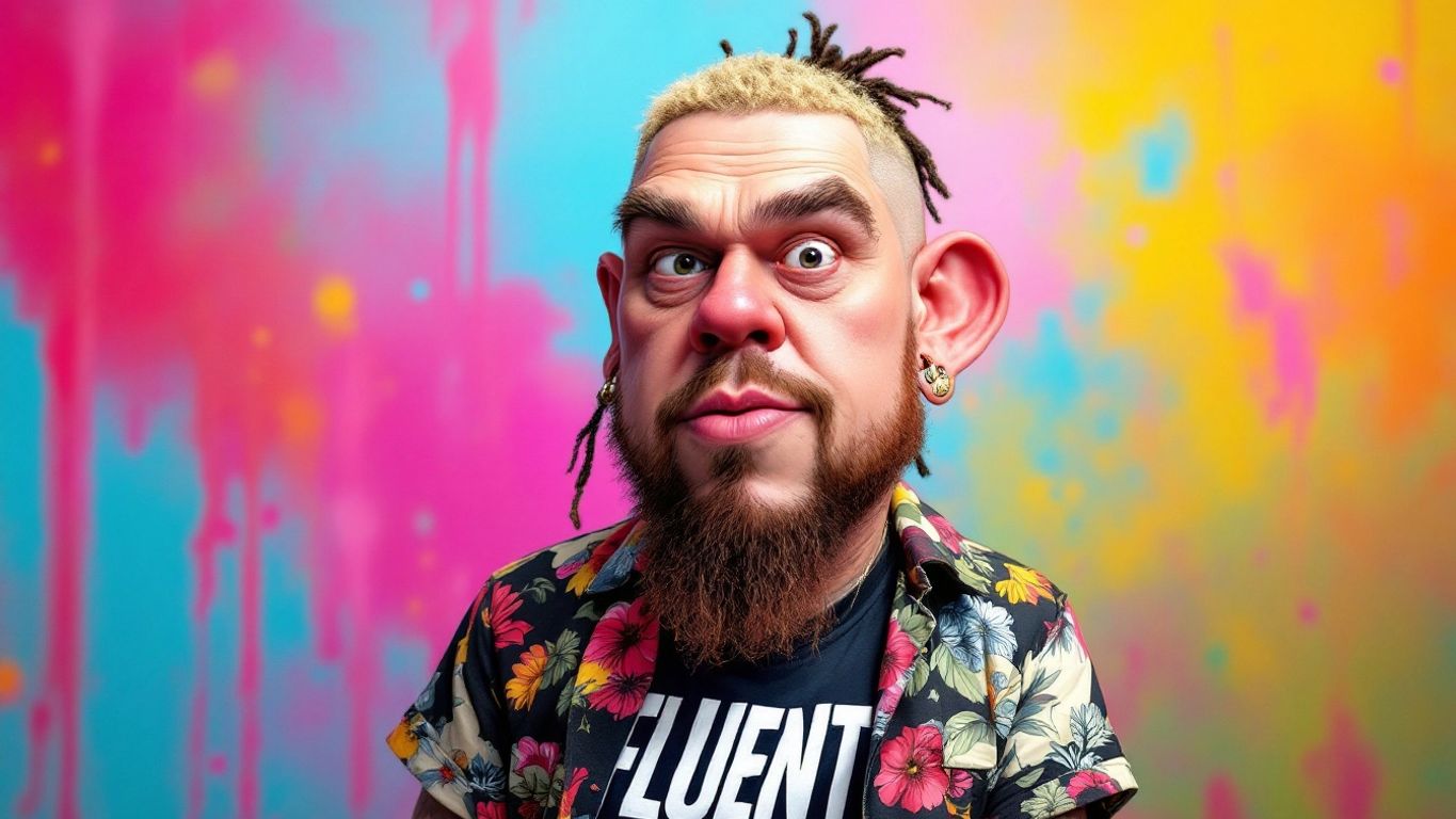 Caricature of rapper with 'FLUENT' shirt design.