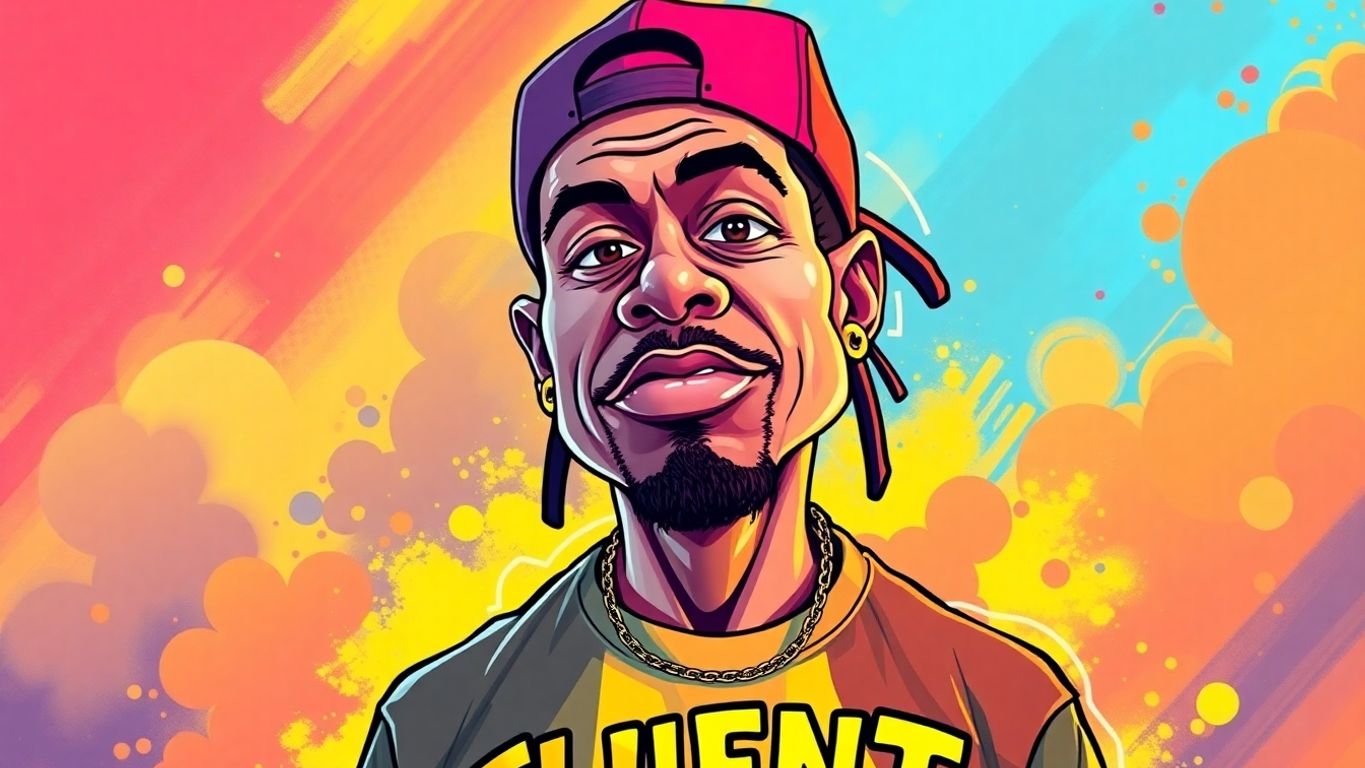 Caricature of a white rapper in a 'FLUENT' shirt.