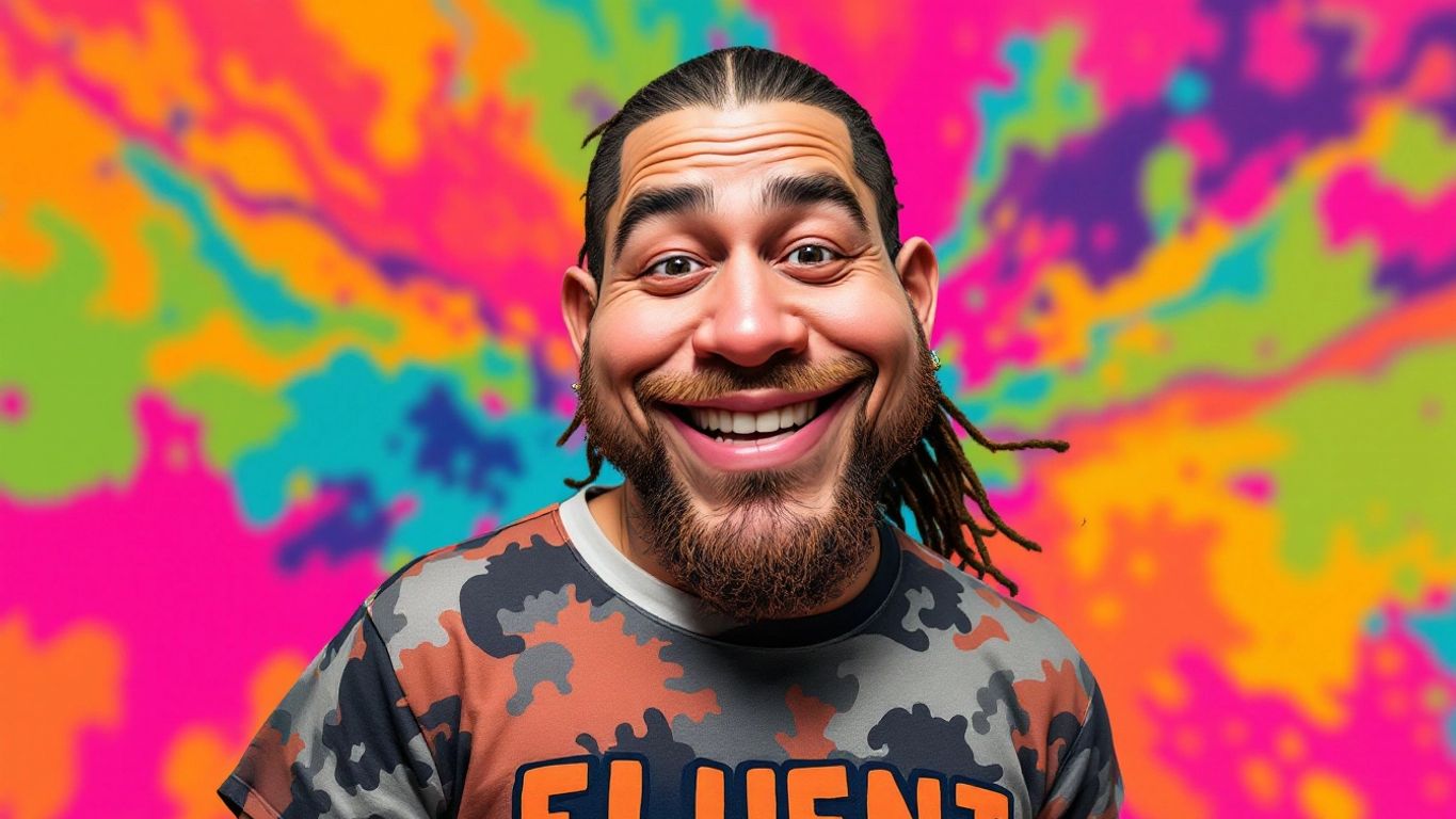 Caricature of a rapper wearing a shirt that says FLUENT.