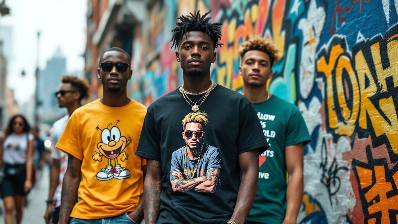 Diverse individuals wearing trendy streetwear T-shirts in urban setting.