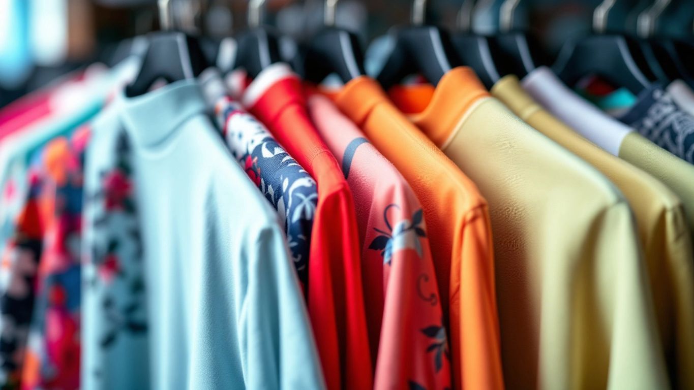 Colorful designer t-shirts on hangers in a stylish display.