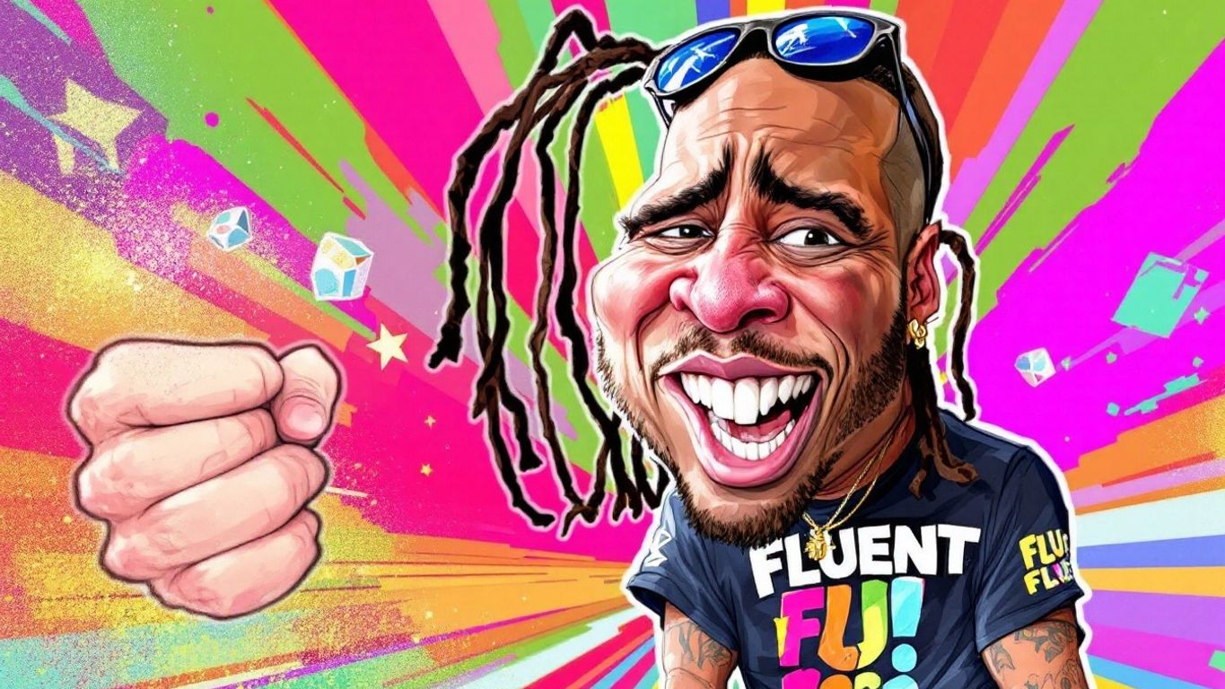 Caricature of a rapper in a 'FLUENT' T-shirt.