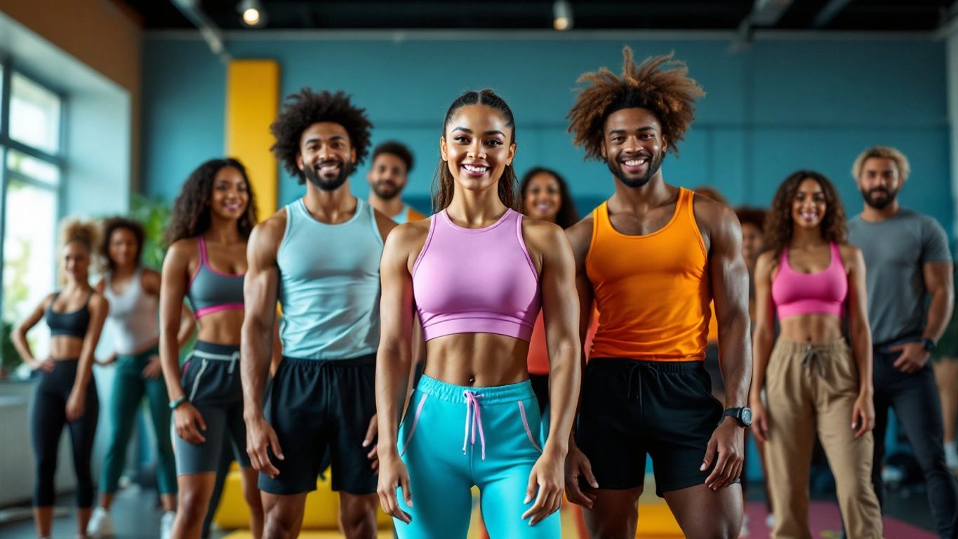 Diverse people in stylish gym wear exercising together.